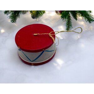 Vintage Drum Christmas Ornament Mini Red White Hand Painted